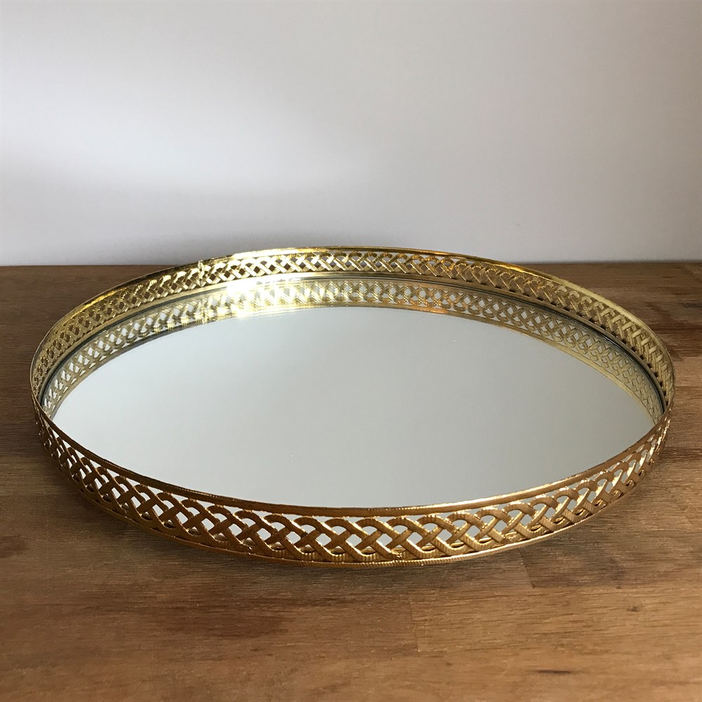 Hasır Desen Gold Aynalı Yuvarlak Tepsi Jardinyer