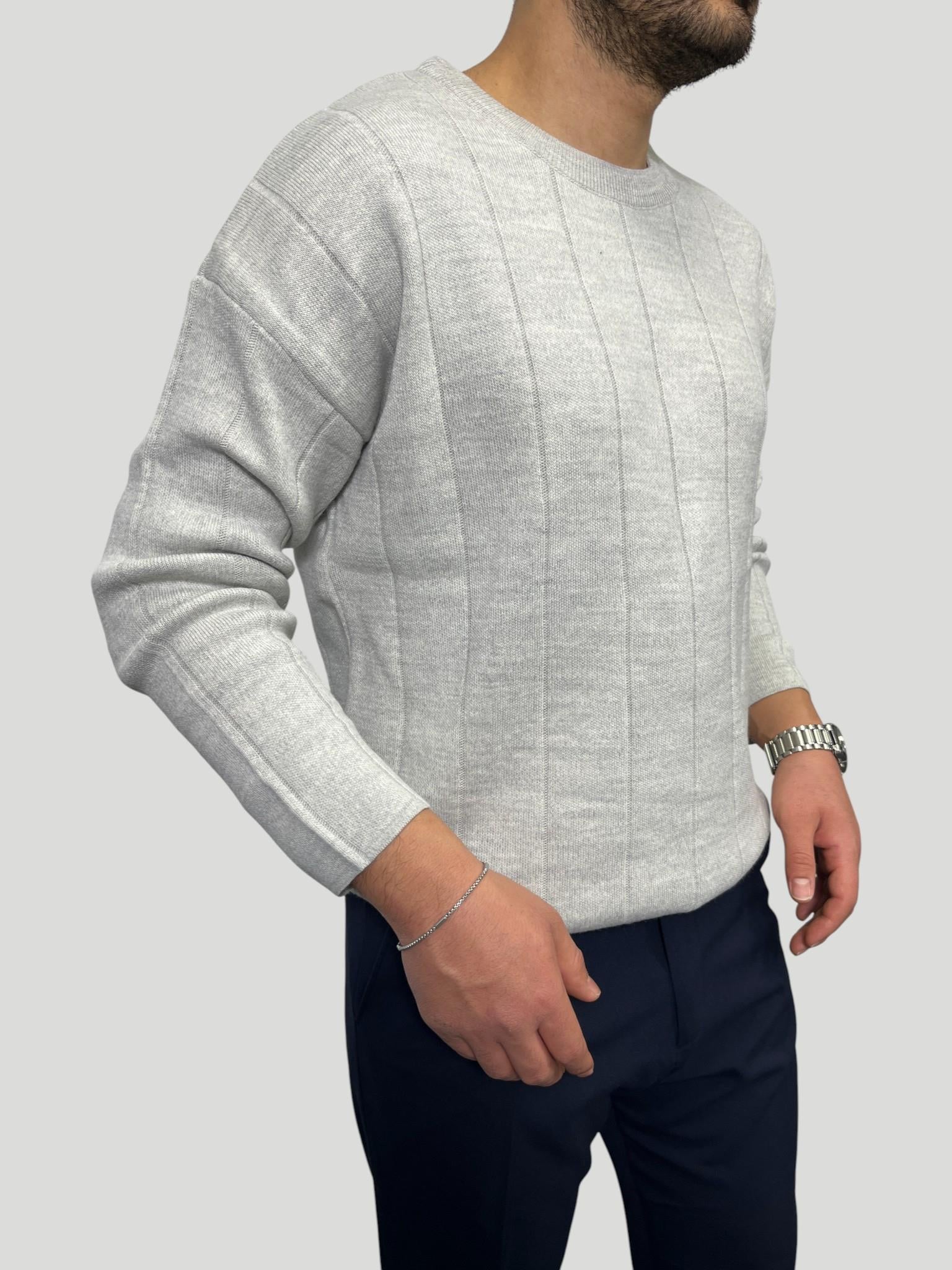 Erkek Oversize Çizgili Triko Bisiklet Yaka Kazak - Gri