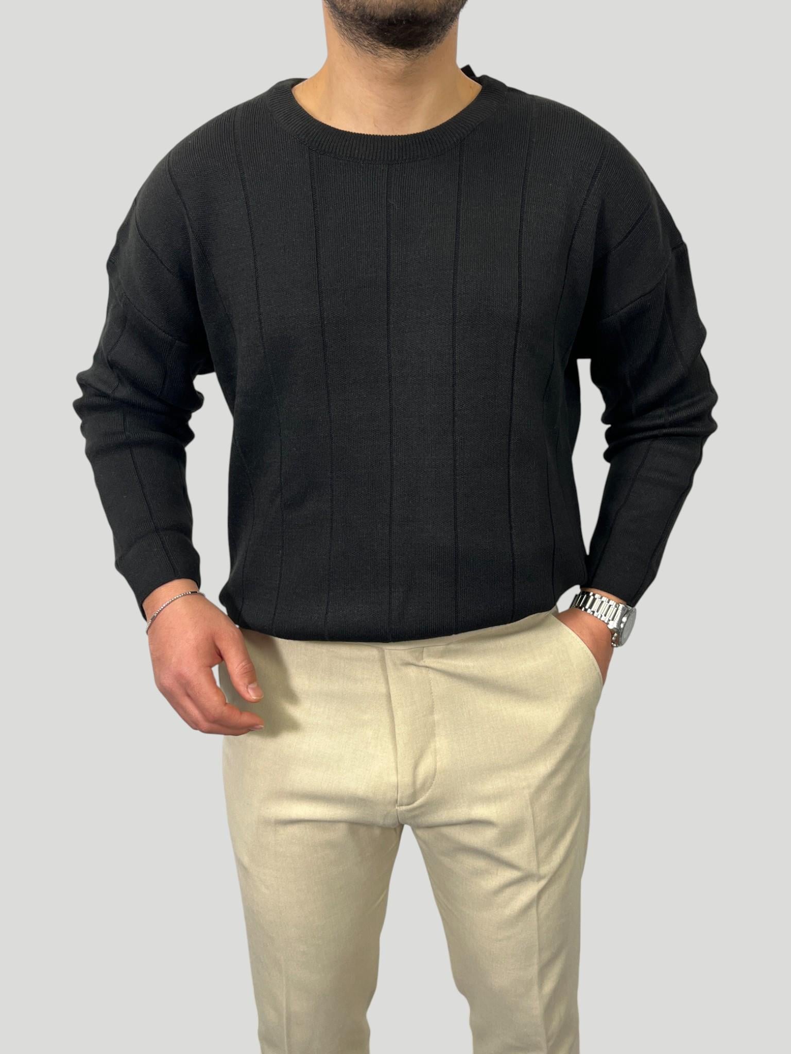 Erkek Oversize Çizgili Triko Bisiklet Yaka Kazak - Siyah