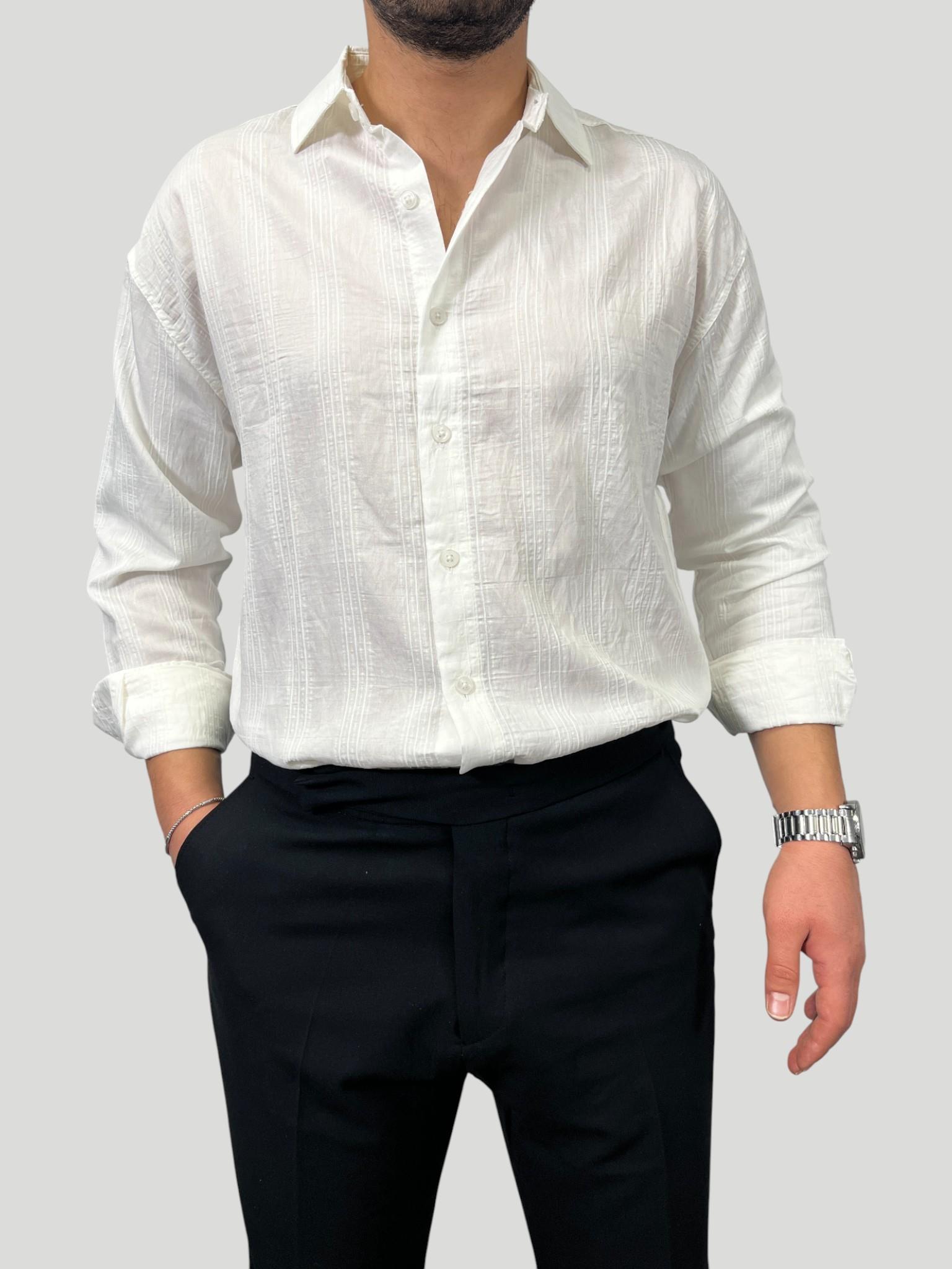 Erkek Premium Çizgili Oversize Gömlek Eşref Tek - Beyaz
