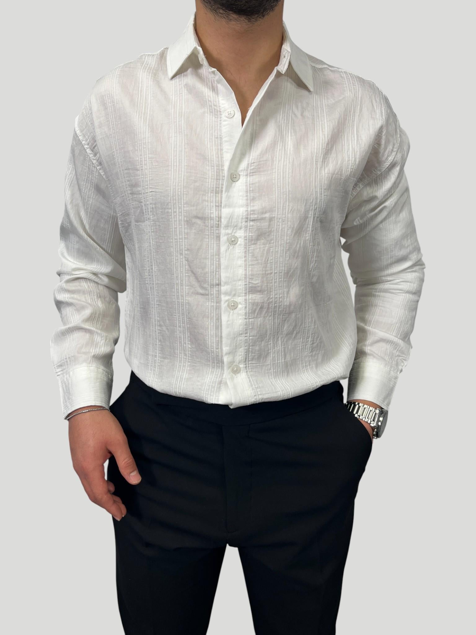 Erkek Premium Çizgili Oversize Gömlek Eşref Tek - Beyaz