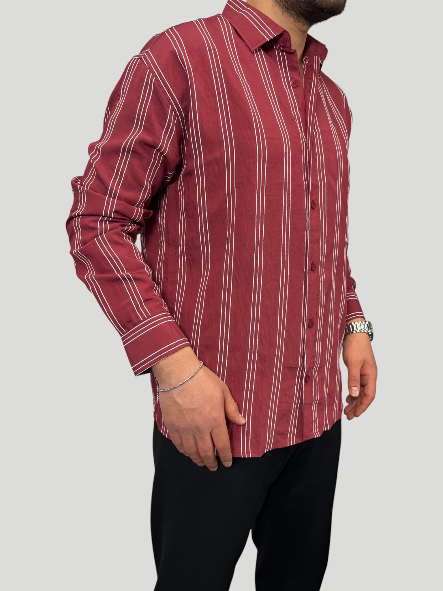 Erkek Premium Çizgili Oversize Gömlek Eşref Tek - Bordo