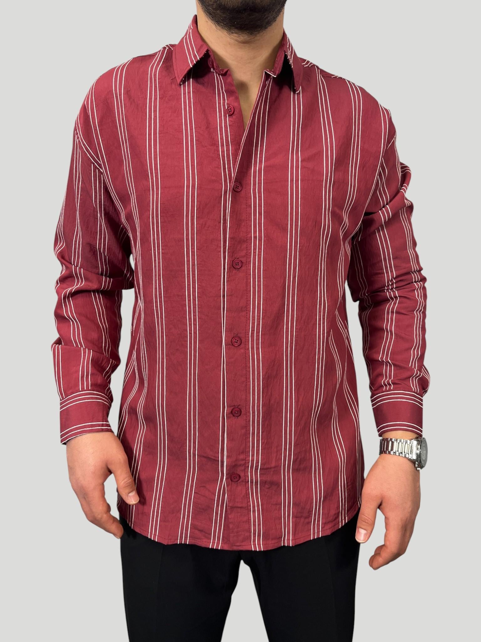 Erkek Premium Çizgili Oversize Gömlek Eşref Tek - Bordo