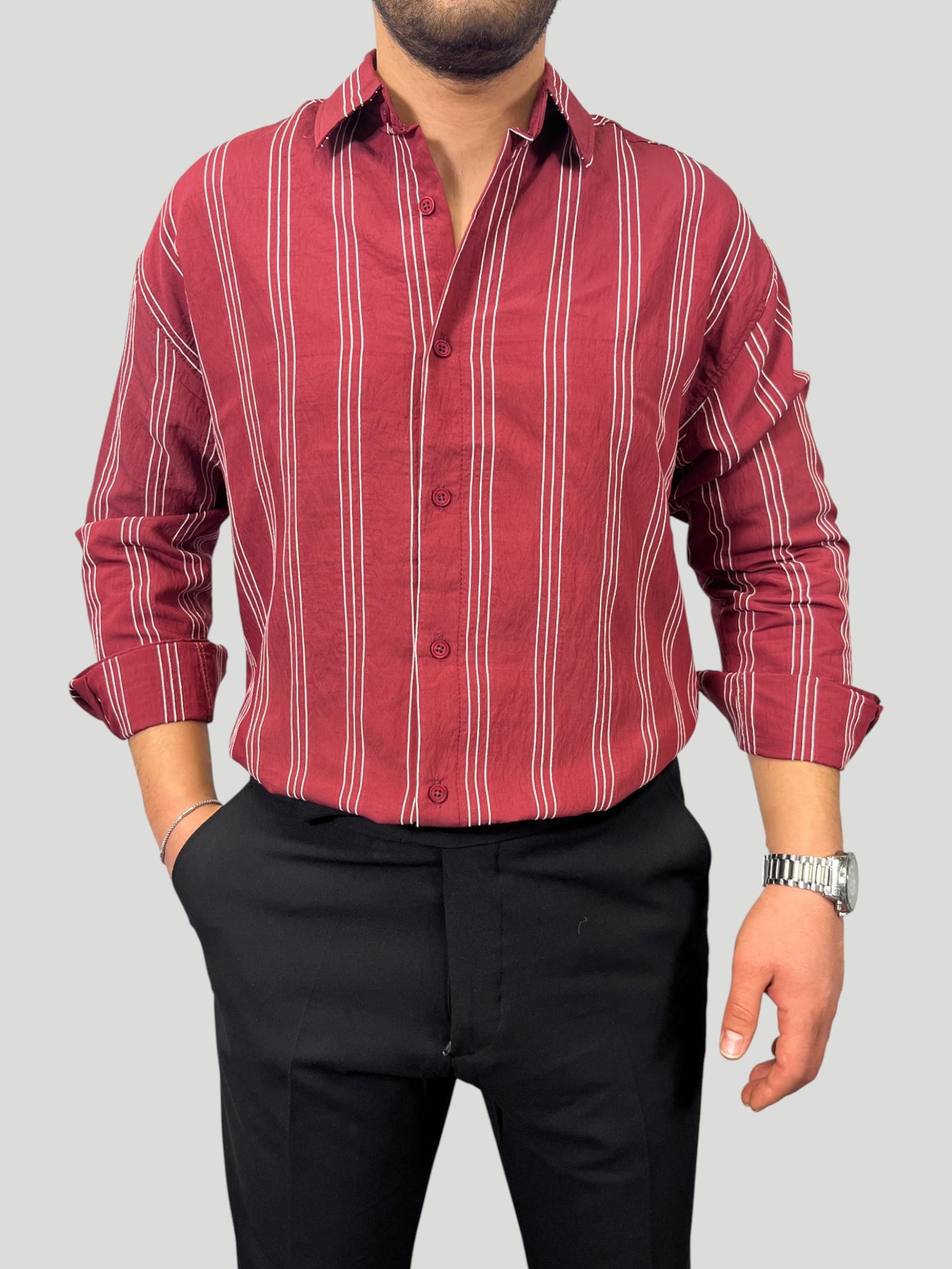 Erkek Premium Çizgili Oversize Gömlek Eşref Tek - Bordo