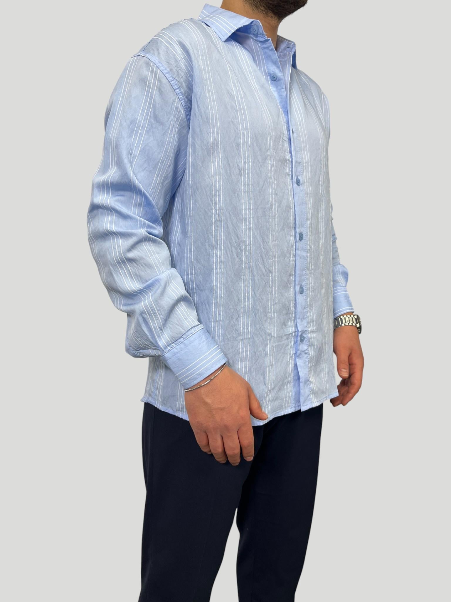 Erkek Premium Çizgili Oversize Gömlek Eşref Tek - Bebe Mavi
