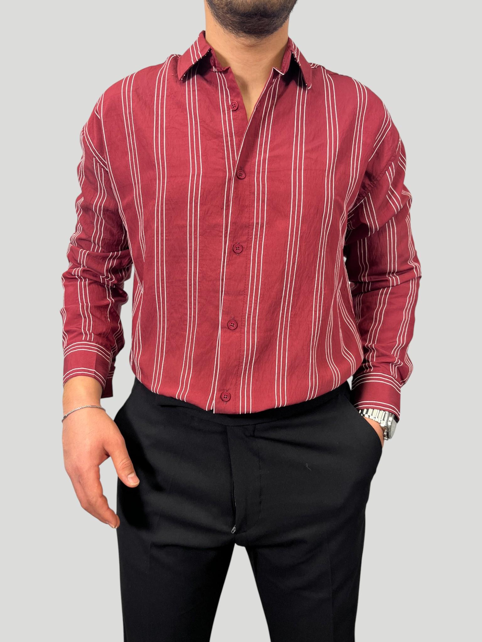 Erkek Premium Çizgili Oversize Gömlek Eşref Tek - Bordo