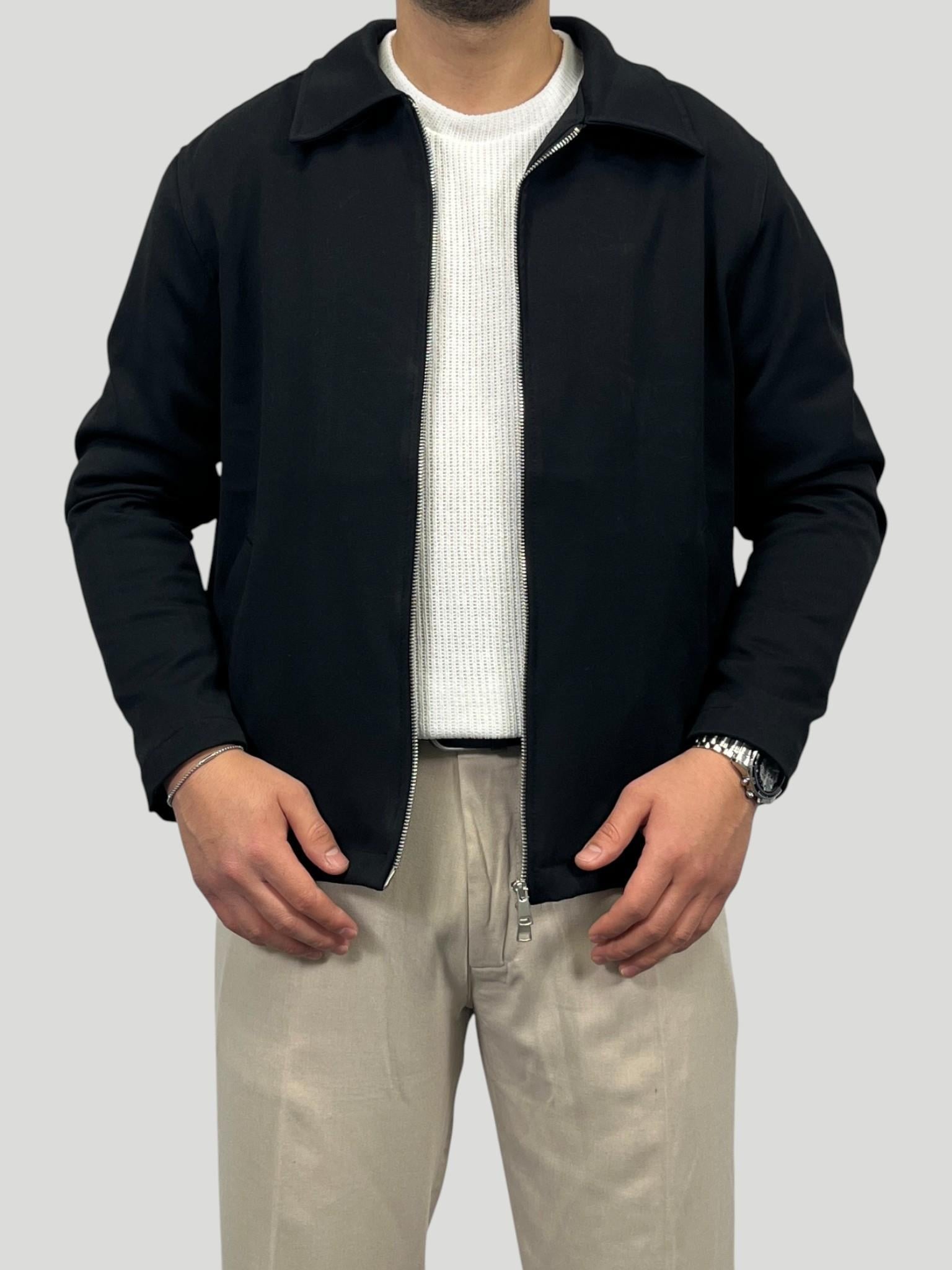 Erkek Premium Koleksiyon Oversize Kalıp Çift Fermuarlı Düz Gabardin Kumaş Ceket - Siyah