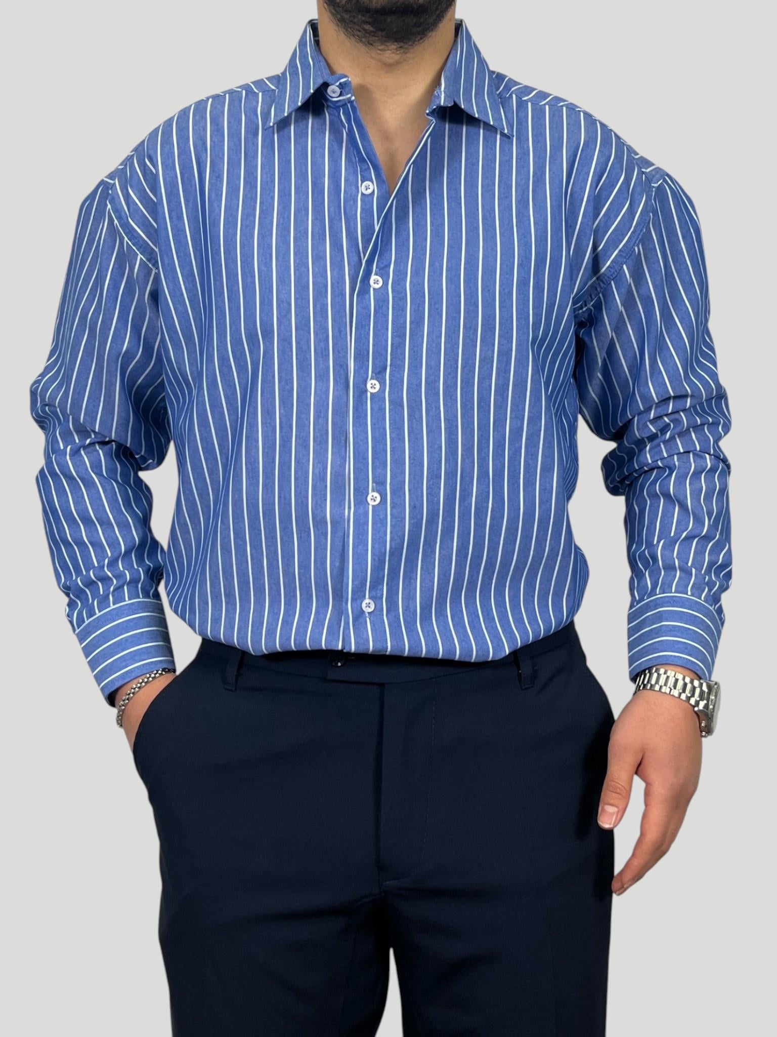 Havanna Premium Çizgili Oversize Gömlek - Mavi