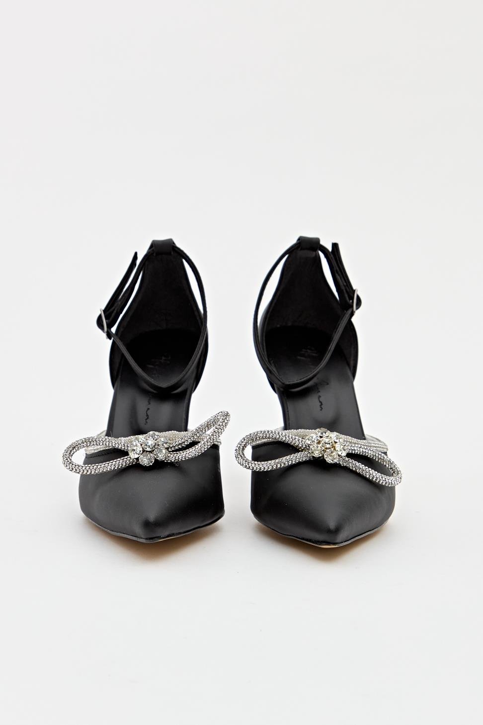 Kadın Bıyık Fiyonklu Taş Detaylı Abiye Ayakkabı SİYAH SATEN