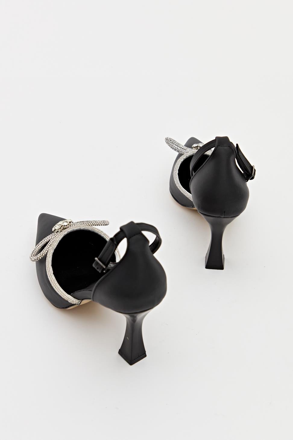 Kadın Bıyık Fiyonklu Taş Detaylı Abiye Ayakkabı SİYAH SATEN