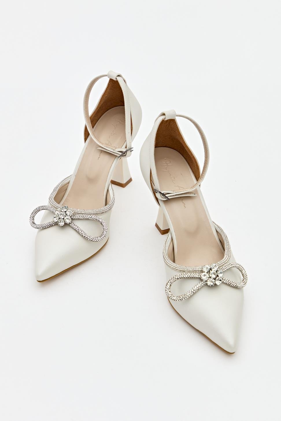 Kadın Bıyık Fiyonklu Taş Detaylı Abiye Ayakkabı BEYAZ SATEN