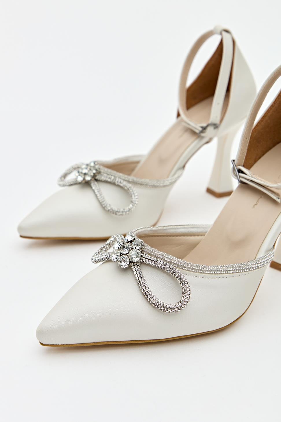 Kadın Bıyık Fiyonklu Taş Detaylı Abiye Ayakkabı BEYAZ SATEN