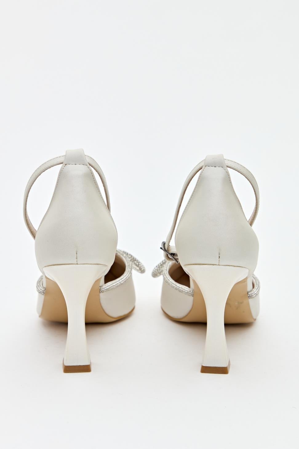 Kadın Bıyık Fiyonklu Taş Detaylı Abiye Ayakkabı BEYAZ SATEN