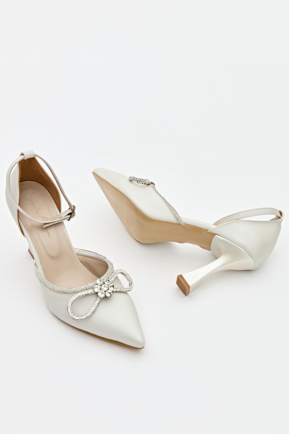 Kadın Bıyık Fiyonklu Taş Detaylı Abiye Ayakkabı BEYAZ SATEN