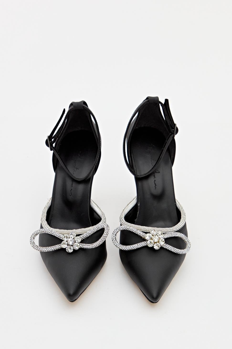 Kadın Bıyık Fiyonklu Taş Detaylı Abiye Ayakkabı SİYAH SATEN