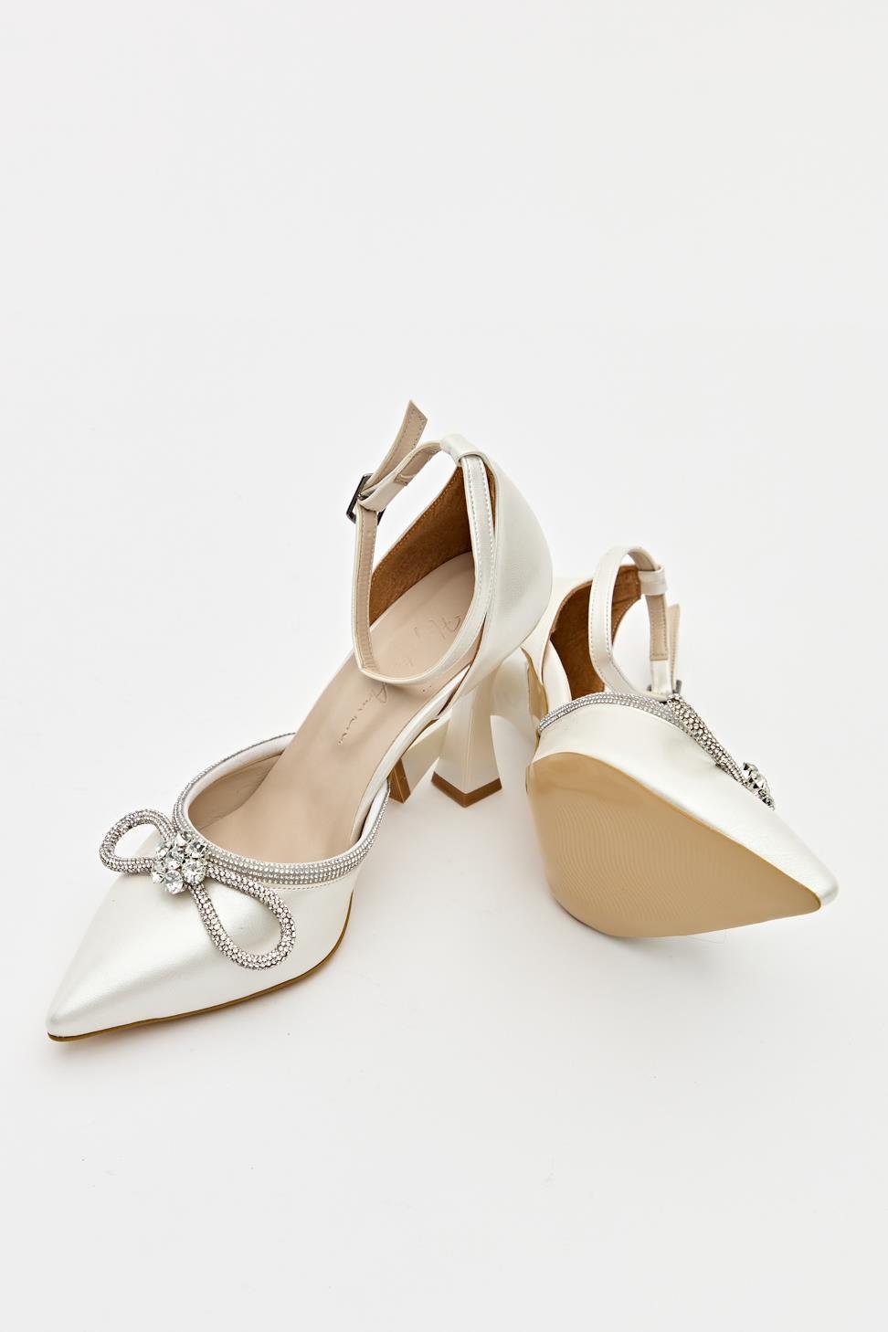 Kadın Bıyık Fiyonklu Taş Detaylı Abiye Ayakkabı BEYAZ SEDEF