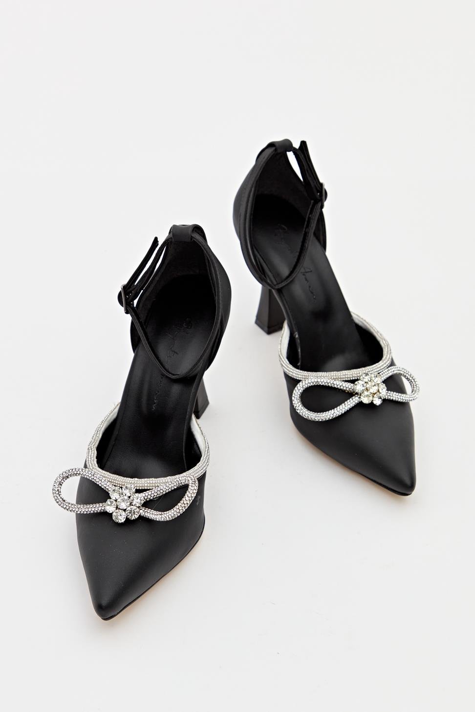 Kadın Bıyık Fiyonklu Taş Detaylı Abiye Ayakkabı SİYAH SATEN