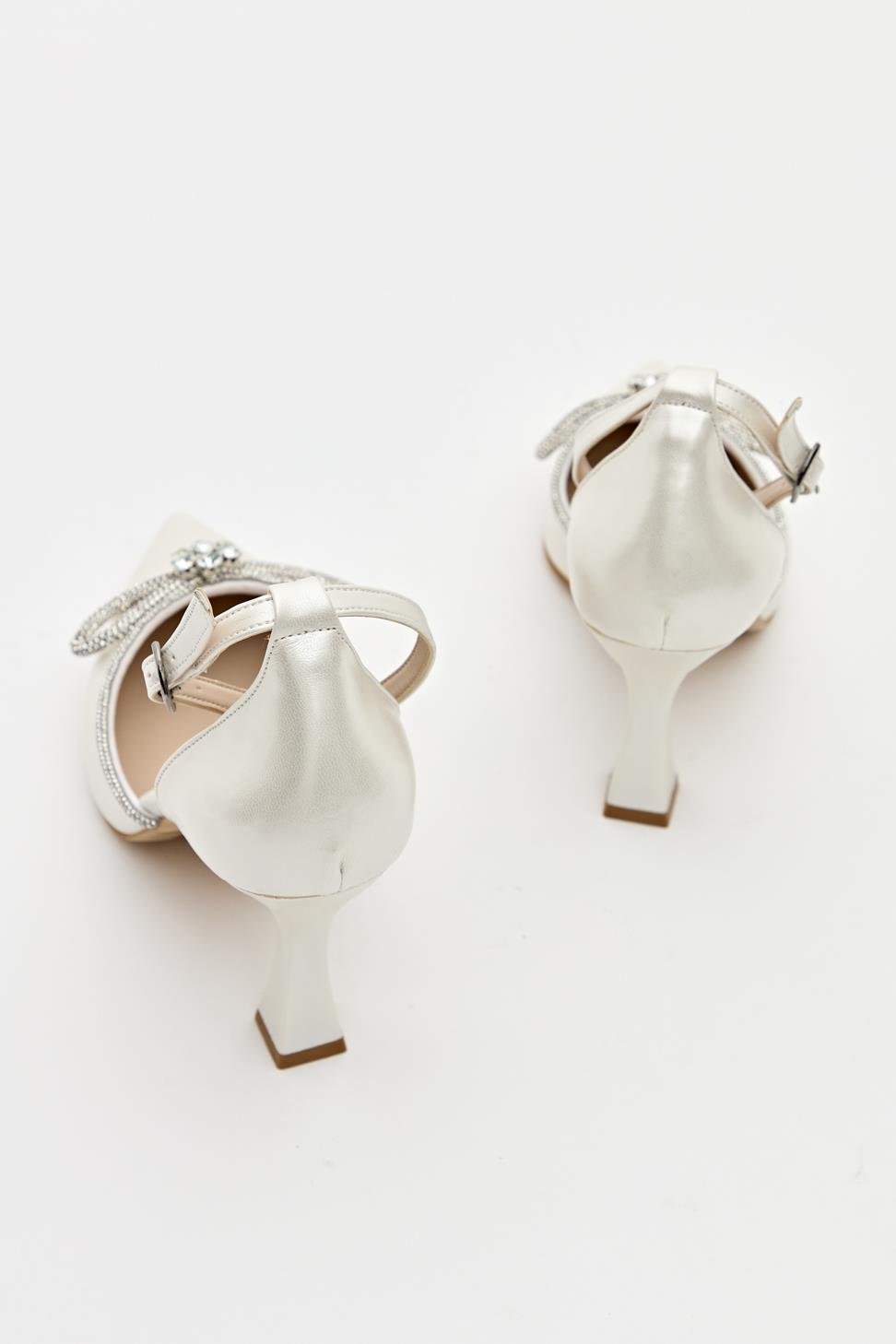 Kadın Bıyık Fiyonklu Taş Detaylı Abiye Ayakkabı BEYAZ SEDEF