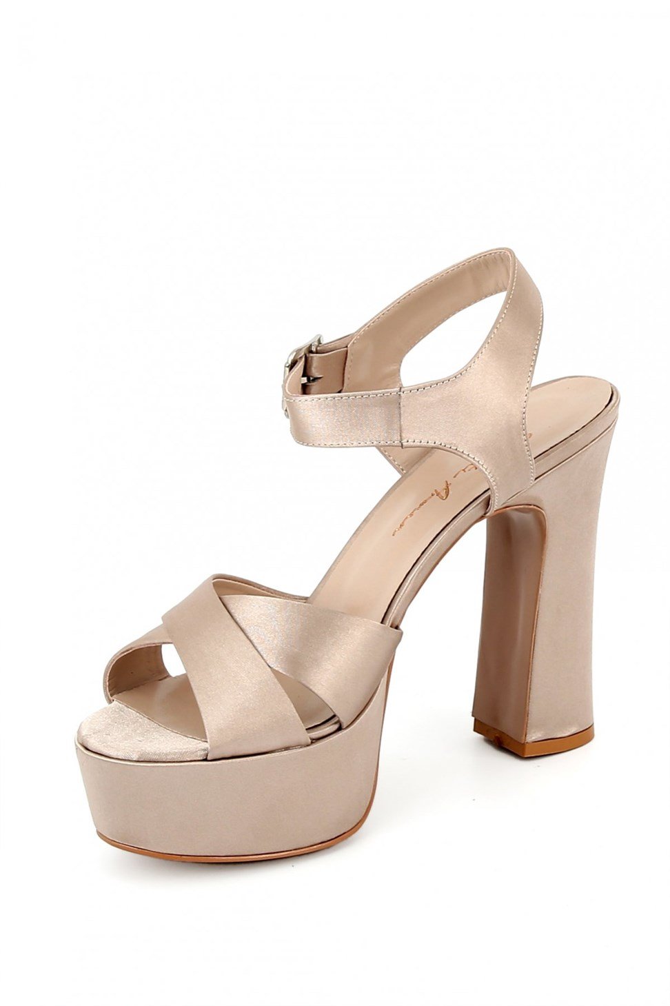 Kadın Çapraz Bantlı Kalın Topuklu Açık Ayakkabı BEJ SATEN