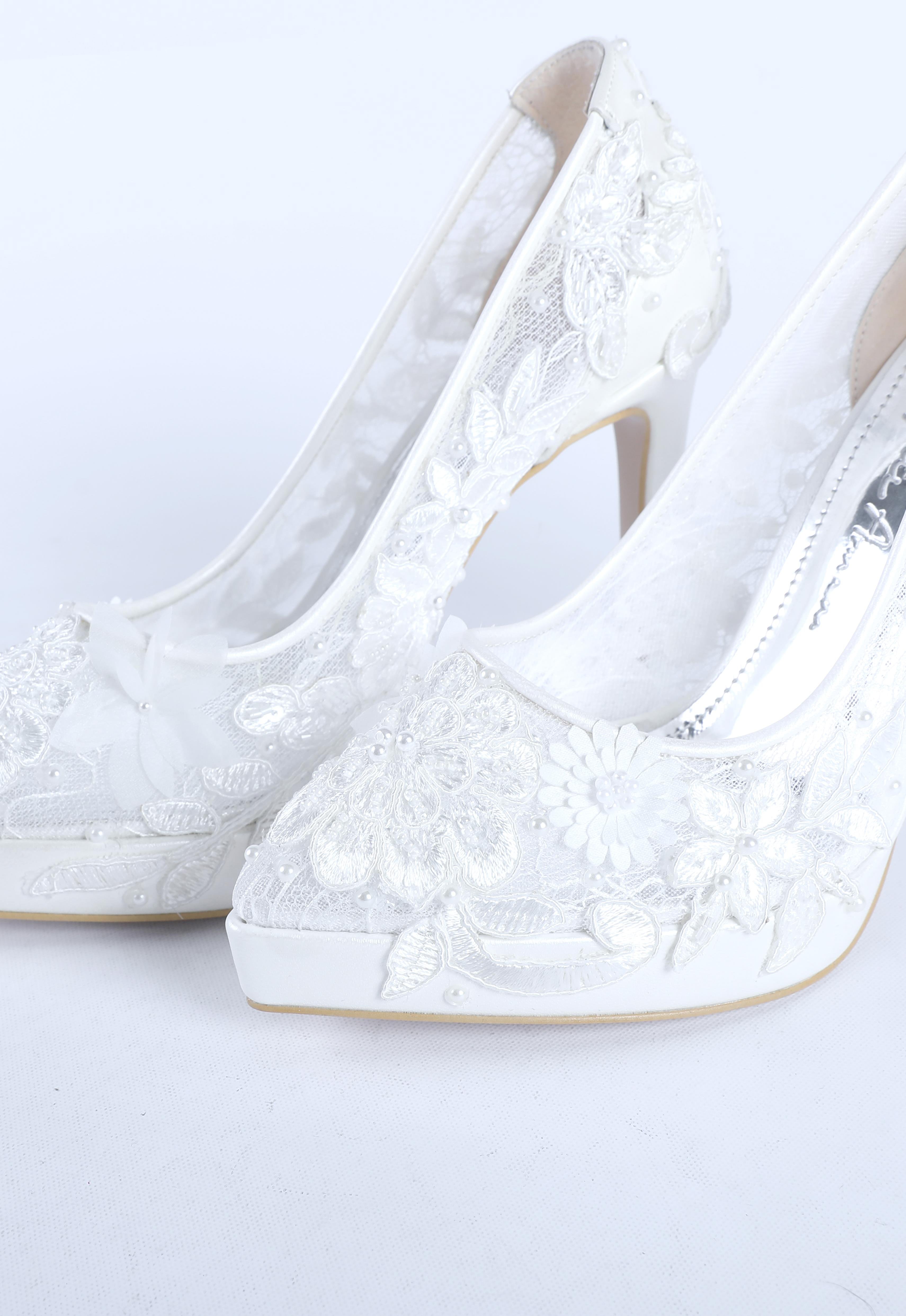 Kadın Dantel Desen İşlemeli Abiye Ayakkabı Sedef