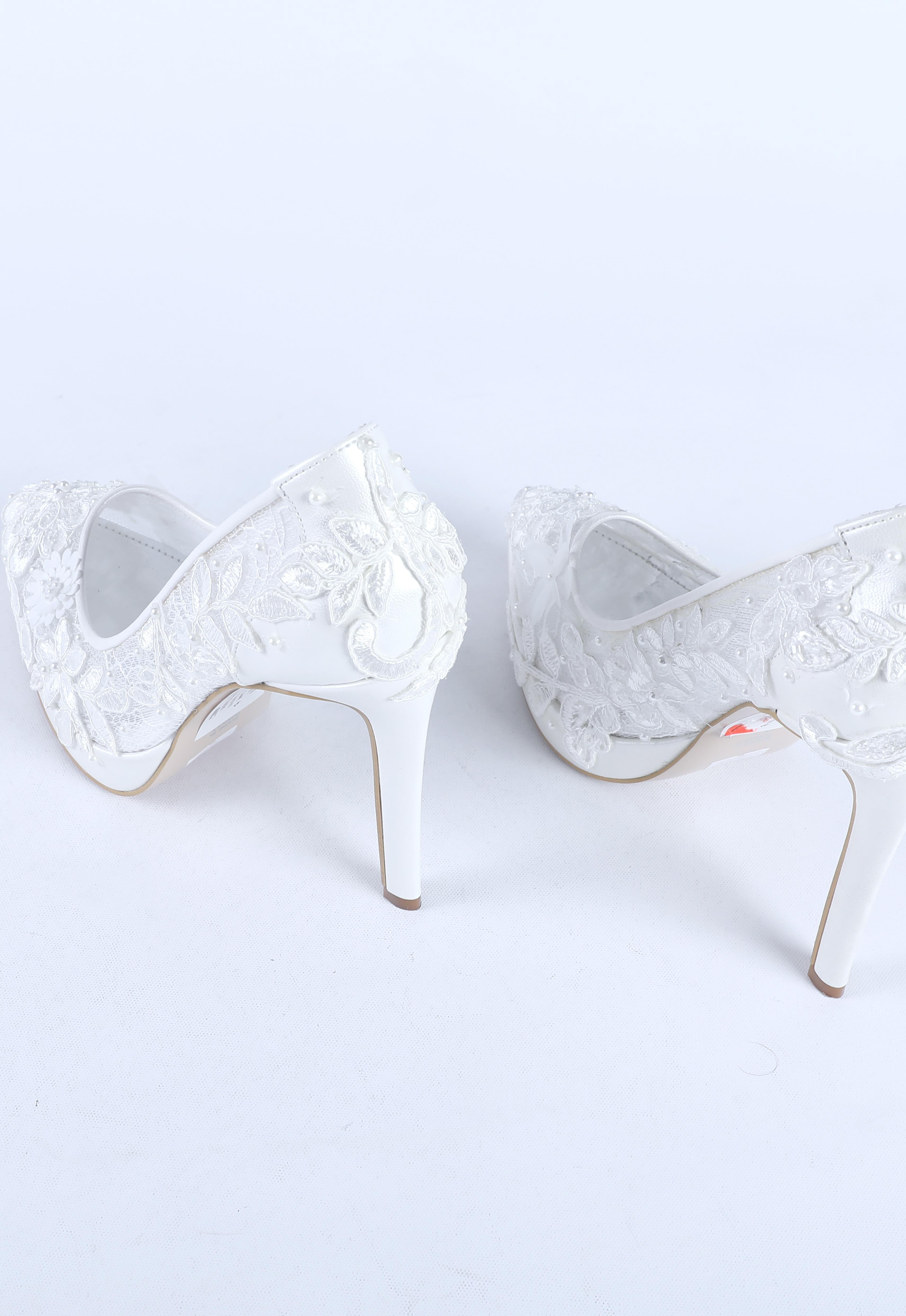 Kadın Dantel Desen İşlemeli Abiye Ayakkabı Sedef