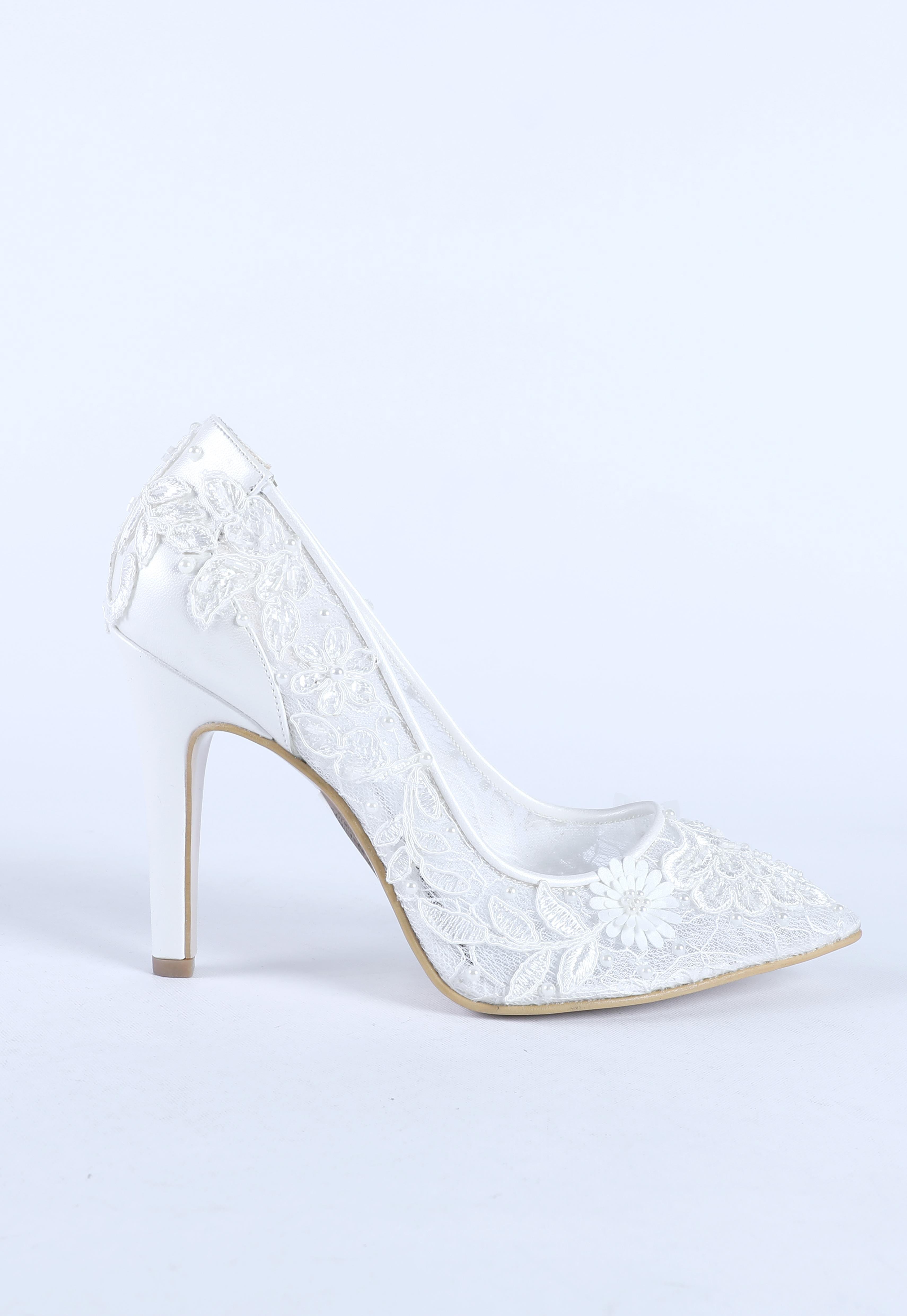 Kadın Dantel Desen İşlemeli Abiye Ayakkabı Sedef