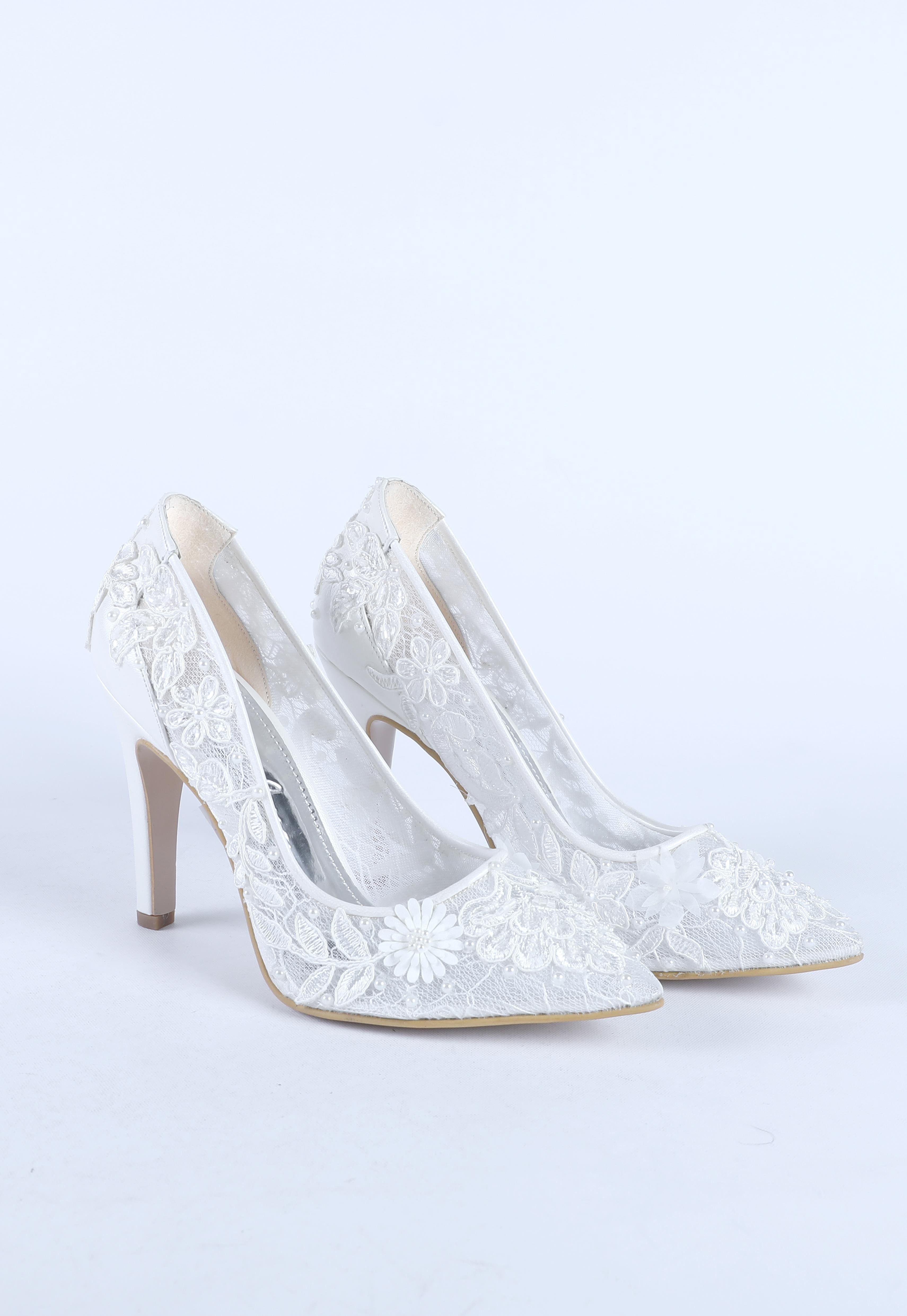 Kadın Dantel Desen İşlemeli Abiye Ayakkabı Sedef