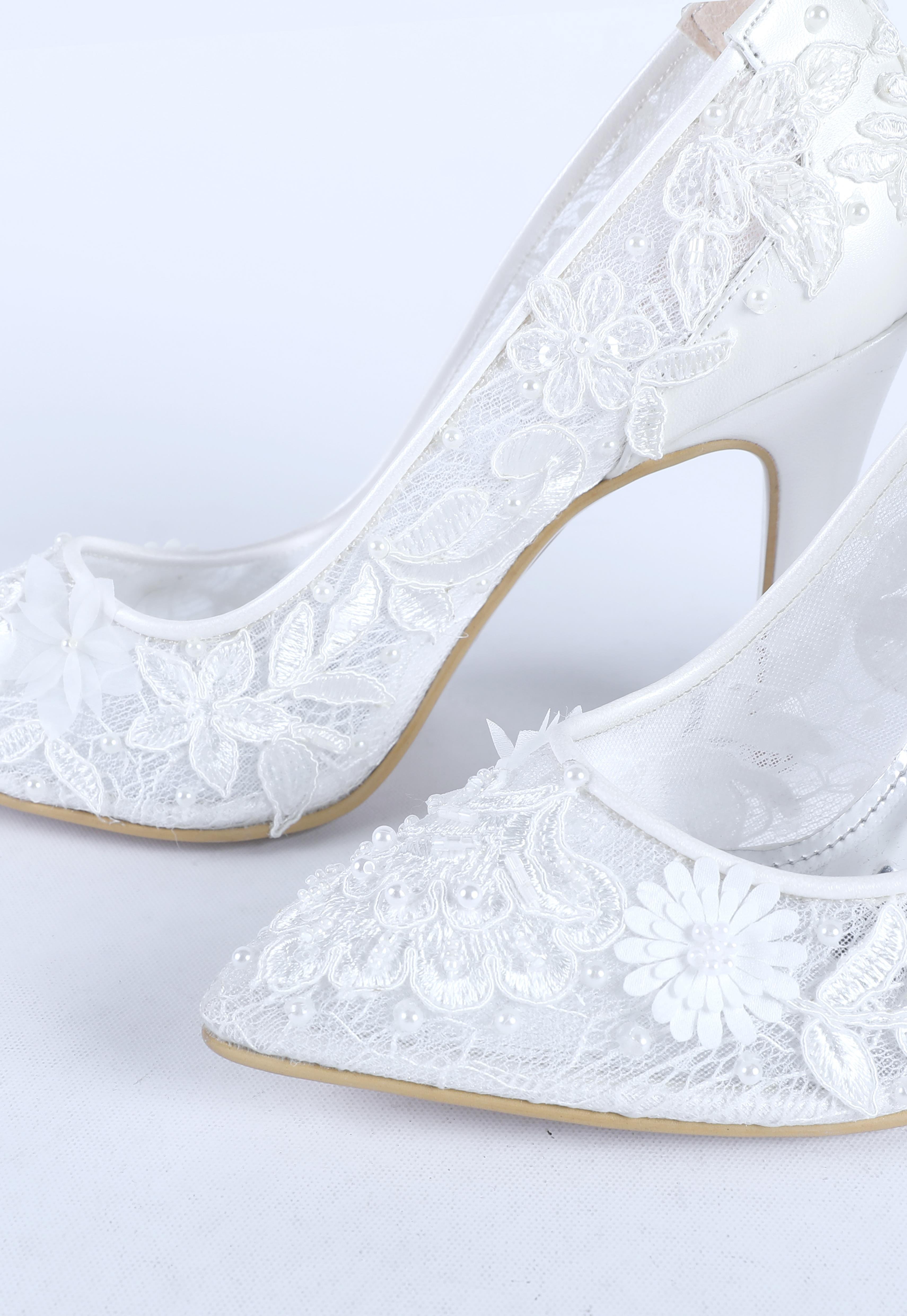 Kadın Dantel Desen İşlemeli Abiye Ayakkabı Sedef