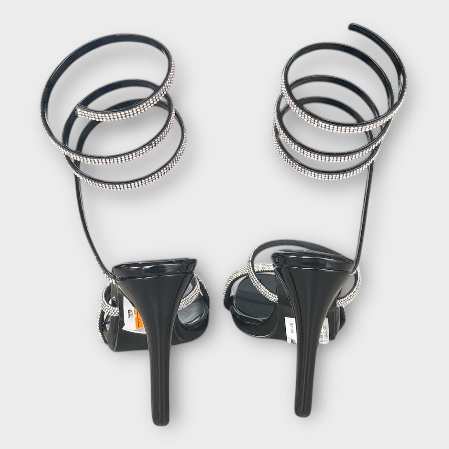 Kadın İnce Bantlı Bacağa Dolama Abiye Ayakkabı Siyah Rugan