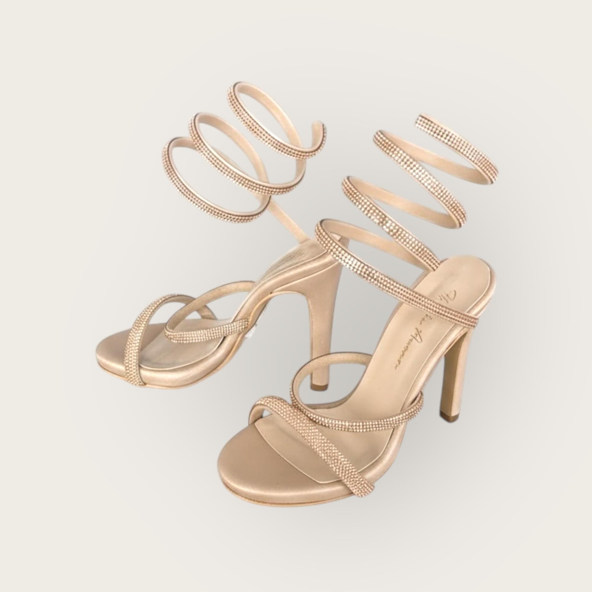 Kadın İnce Bantlı Bacağa Dolama Abiye Ayakkabı Bej Saten