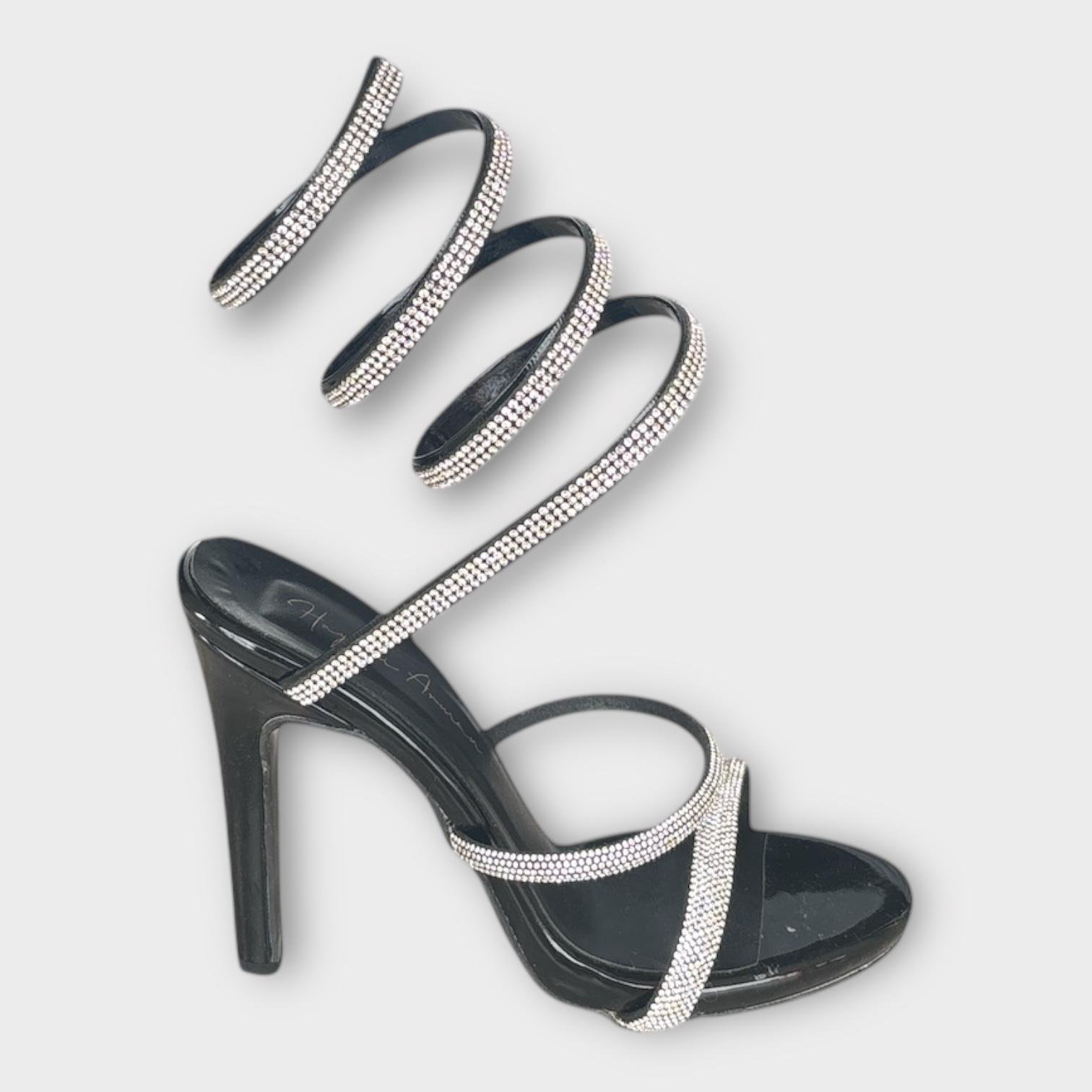 Kadın İnce Bantlı Bacağa Dolama Abiye Ayakkabı Siyah Rugan