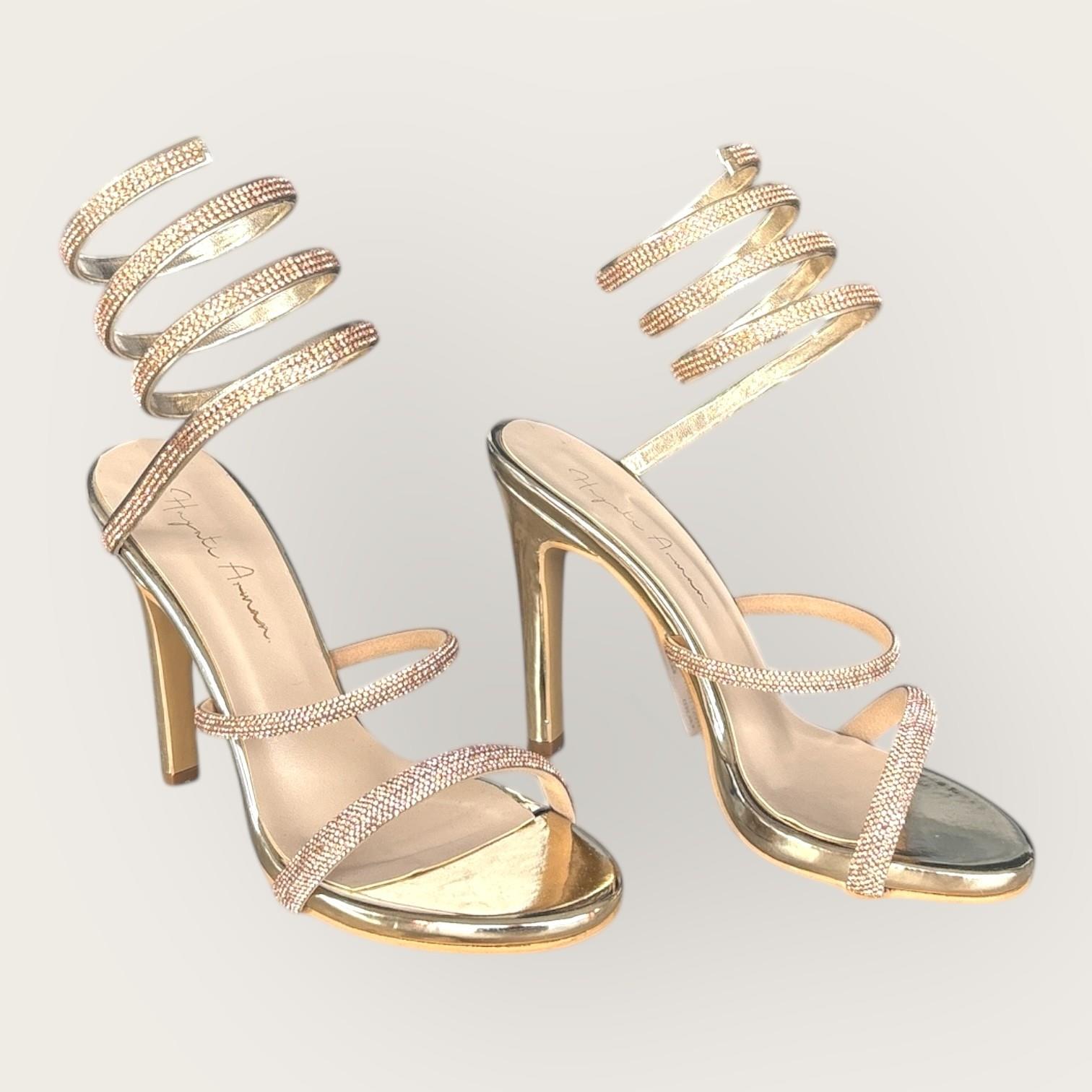 Kadın İnce Bantlı Bacağa Dolama Abiye Ayakkabı Altın Rugan