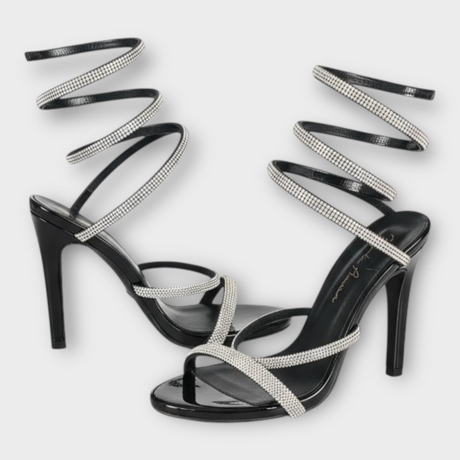 Kadın İnce Bantlı Bacağa Dolama Abiye Ayakkabı Siyah Rugan