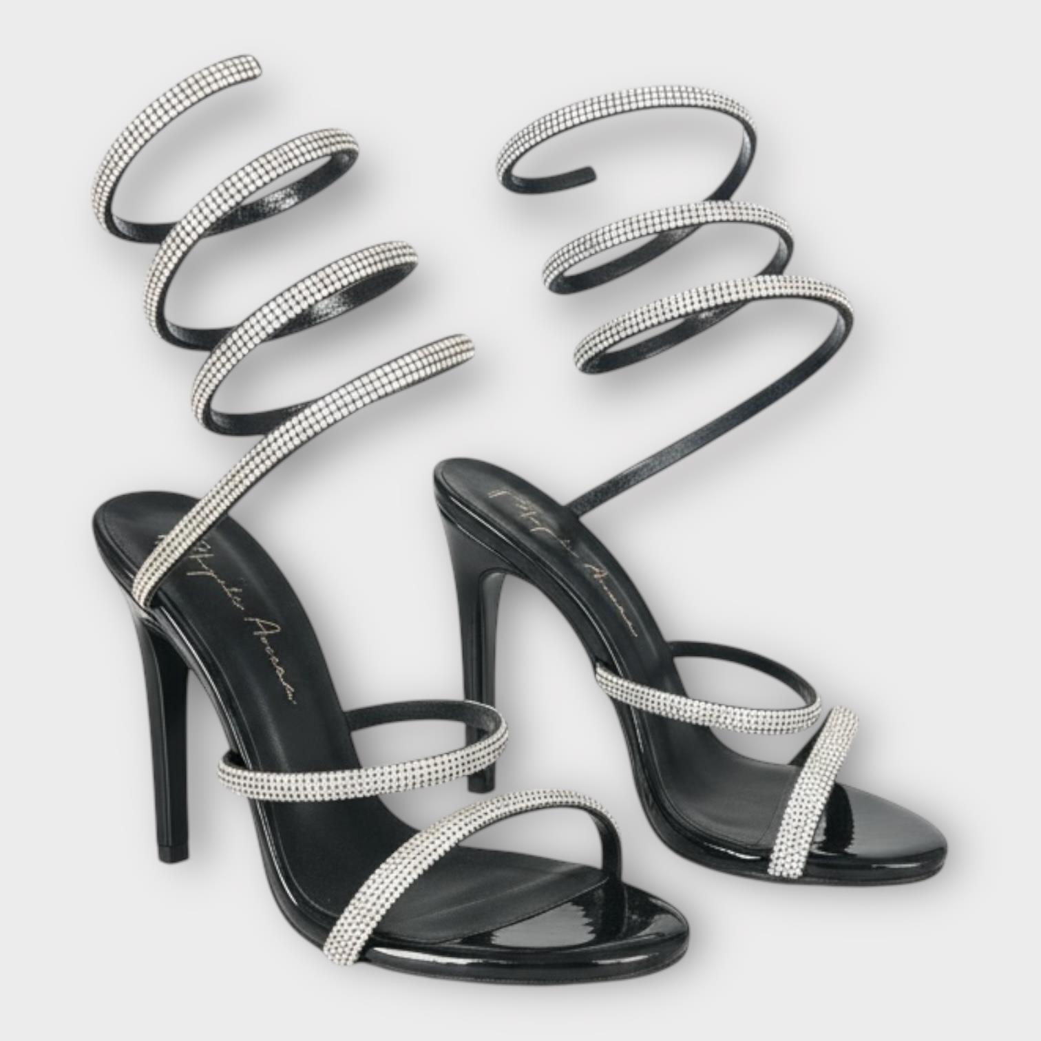 Kadın İnce Bantlı Bacağa Dolama Abiye Ayakkabı Siyah Rugan