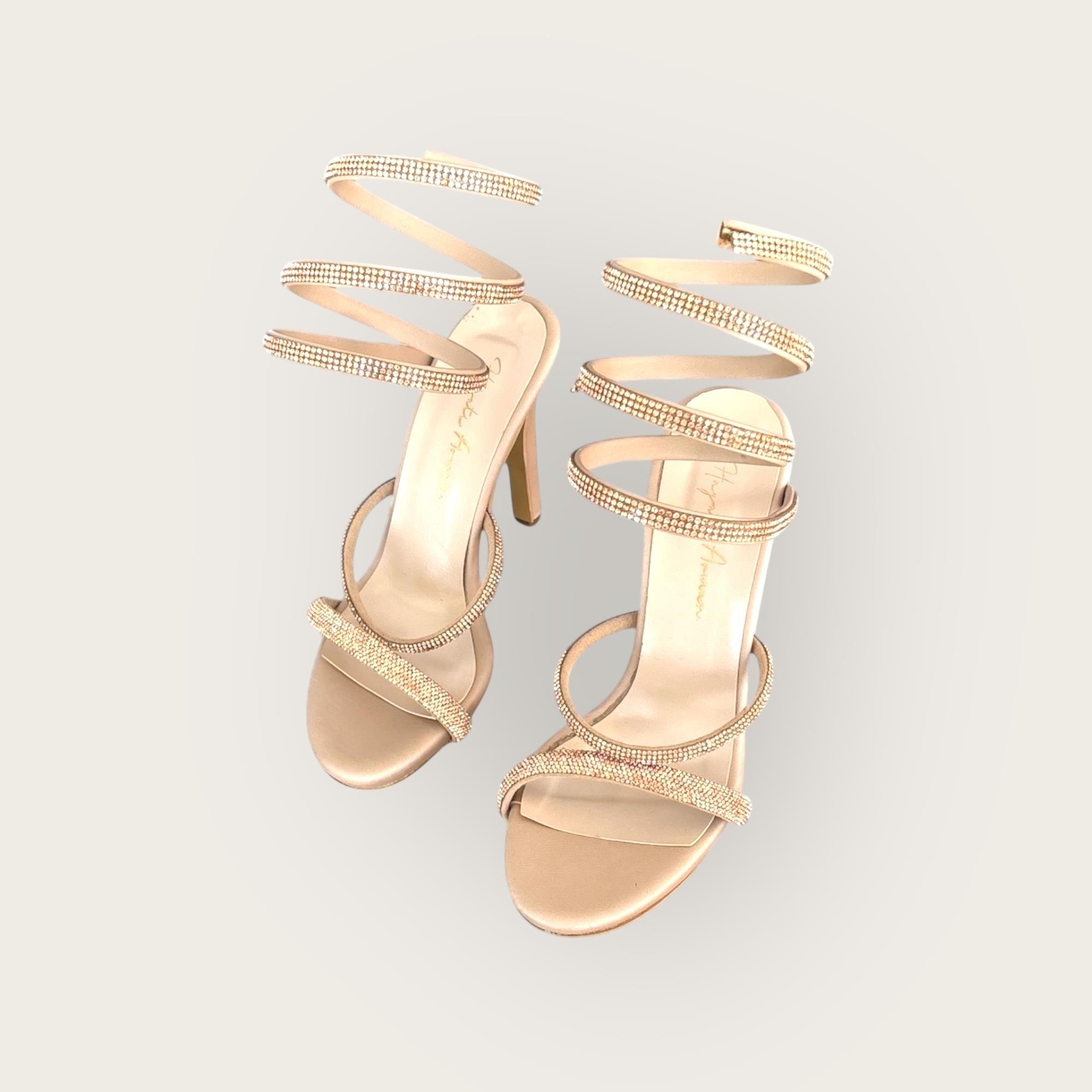 Kadın İnce Bantlı Bacağa Dolama Abiye Ayakkabı Bej Saten