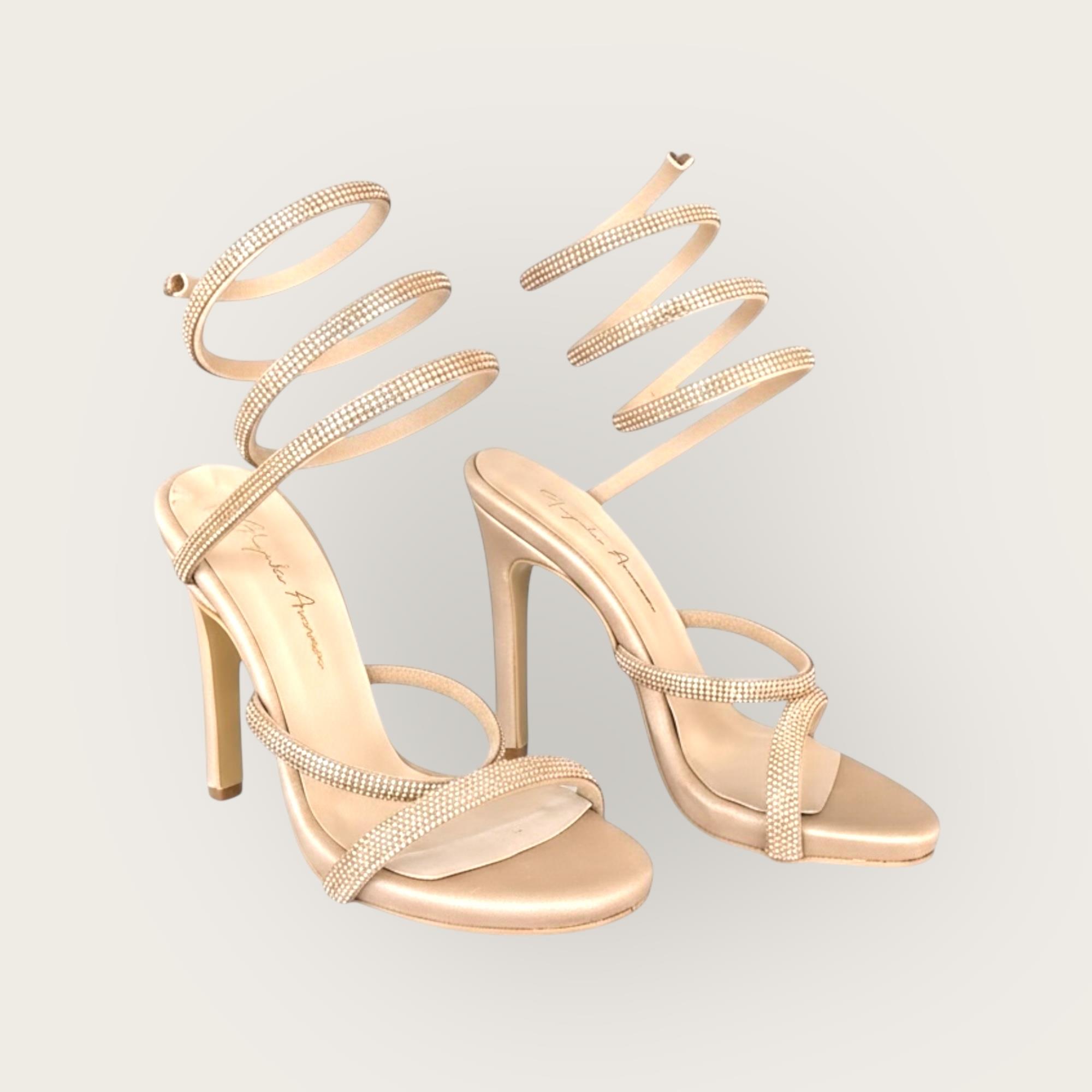 Kadın İnce Bantlı Bacağa Dolama Abiye Ayakkabı Bej Saten