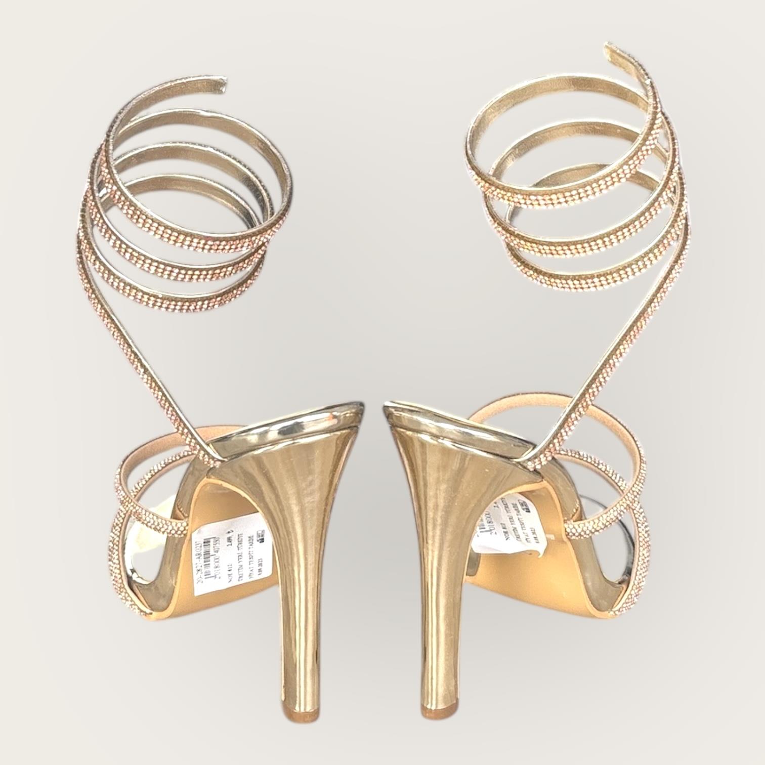 Kadın İnce Bantlı Bacağa Dolama Abiye Ayakkabı Altın Rugan