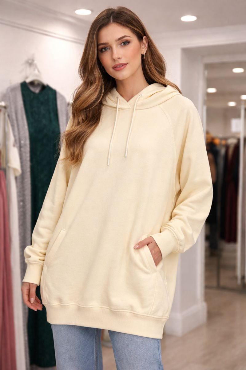 Büyük Beden Kapüşonlu Sweatşhirt Ekru