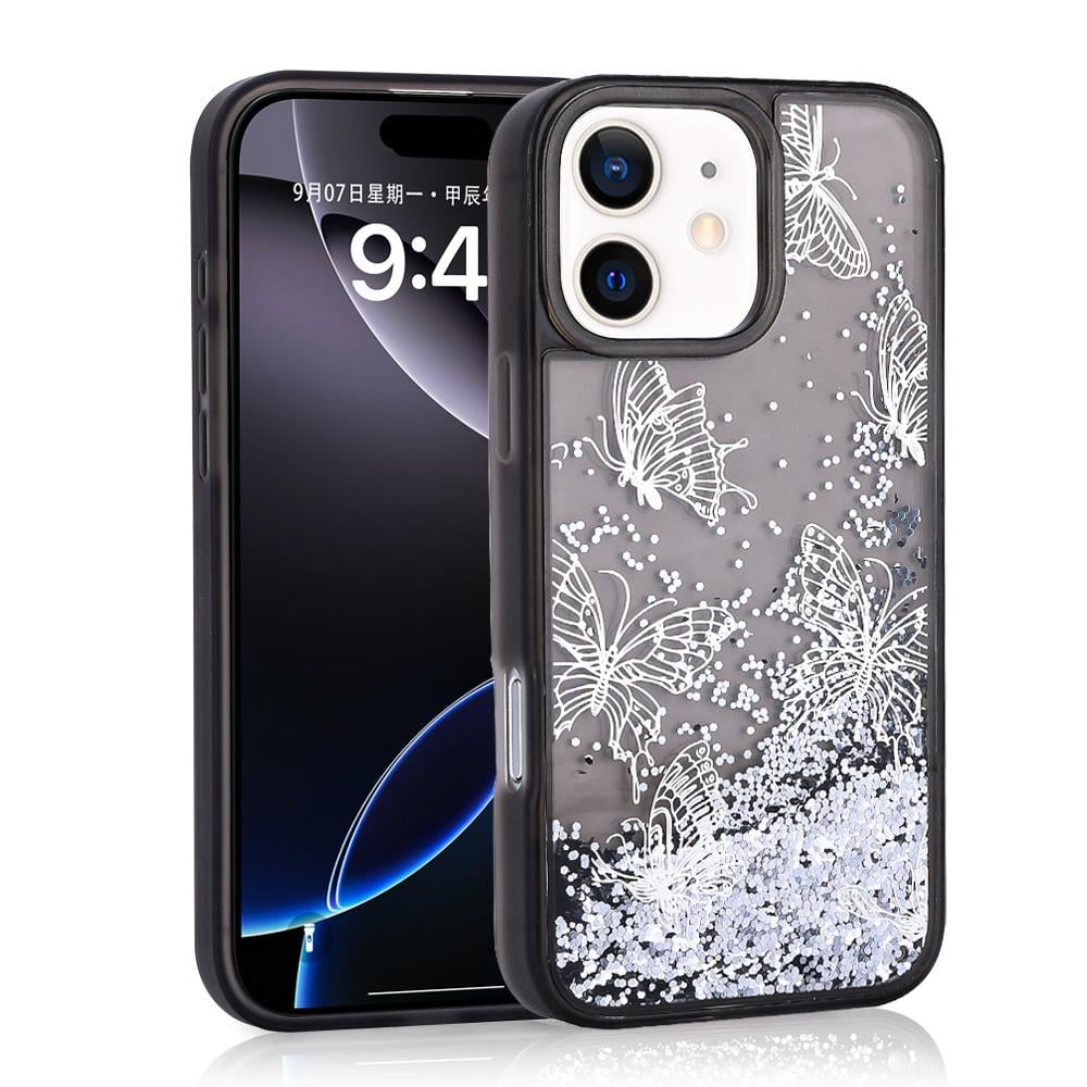 Apple iPhone 12 Kılıf Sıvılı Simli Kelebek Baskılı Şeffaf Arka Yüzey Zore Glis Silikon Kapak