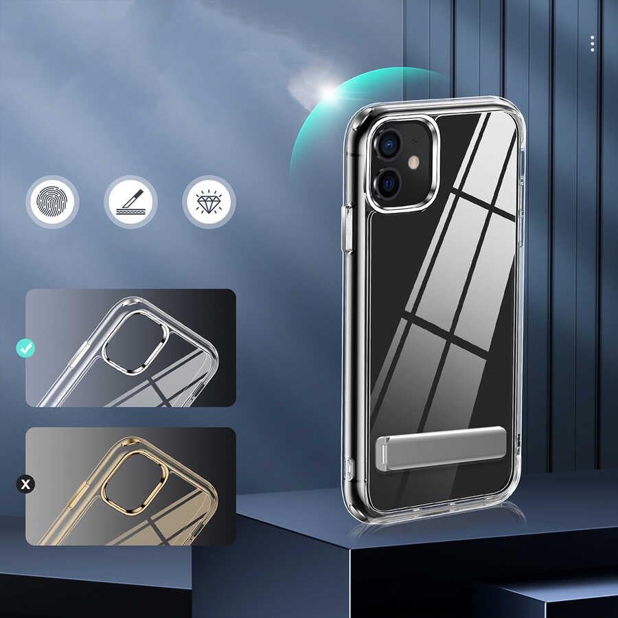 Apple iPhone 12 Kılıf Standlı Şeffaf Silikon Zore L-Stand Kapak