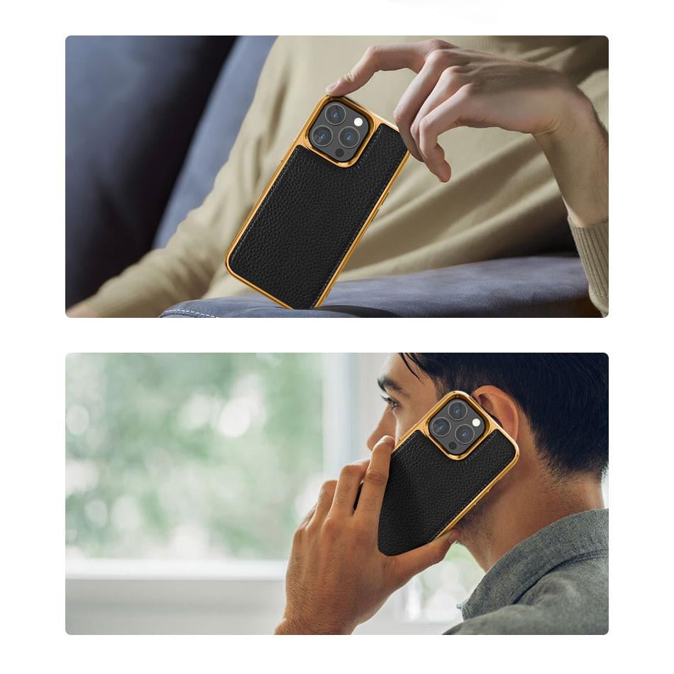 Apple iPhone 13 Kılıf Wiwu Genuine Leather Gold Calfskin Orjinal Deri Kapak