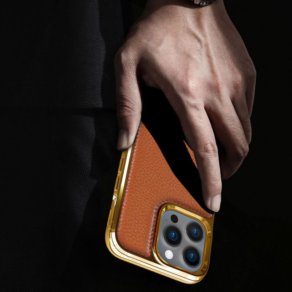 Apple iPhone 13 Kılıf Wiwu Genuine Leather Gold Calfskin Orjinal Deri Kapak