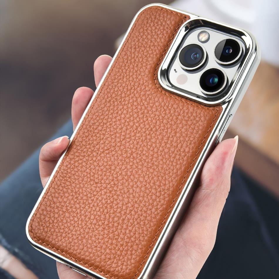 Apple iPhone 13 Pro Kılıf Wiwu Genuine Leather Silver Calfskin Orjinal Deri Kapak