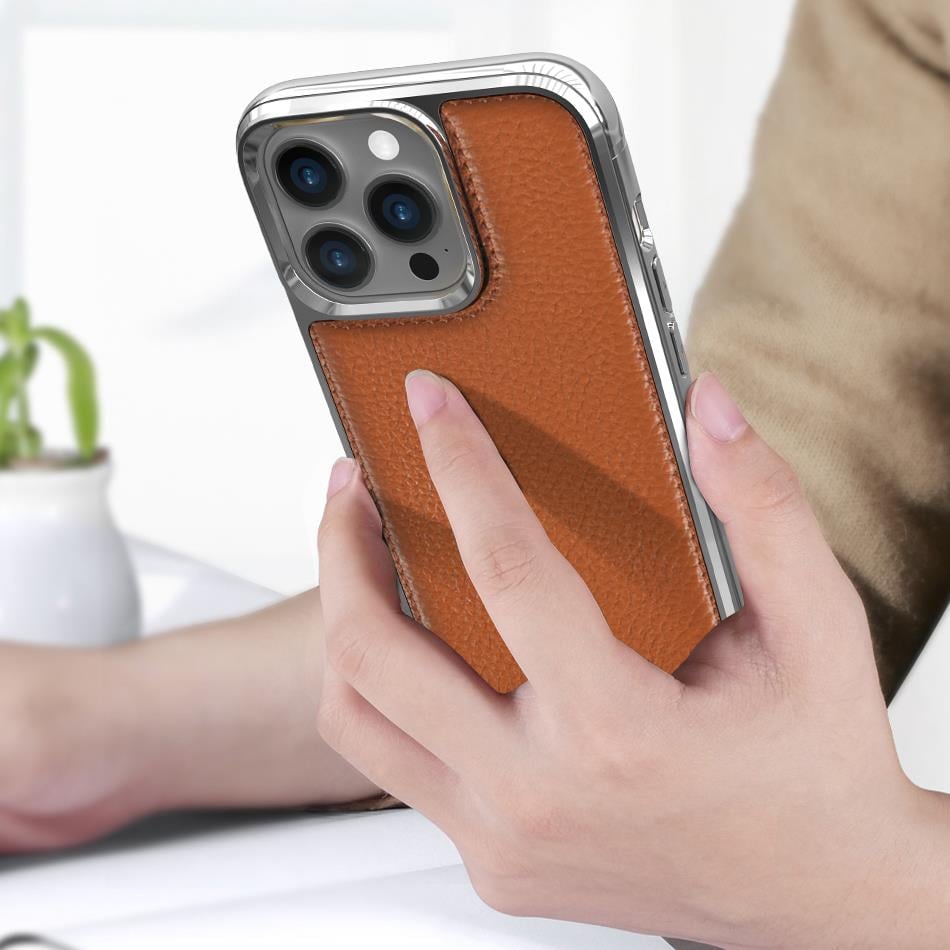 Apple iPhone 13 Pro Max Kılıf Wiwu Genuine Leather Silver Calfskin Orjinal Deri Kapak