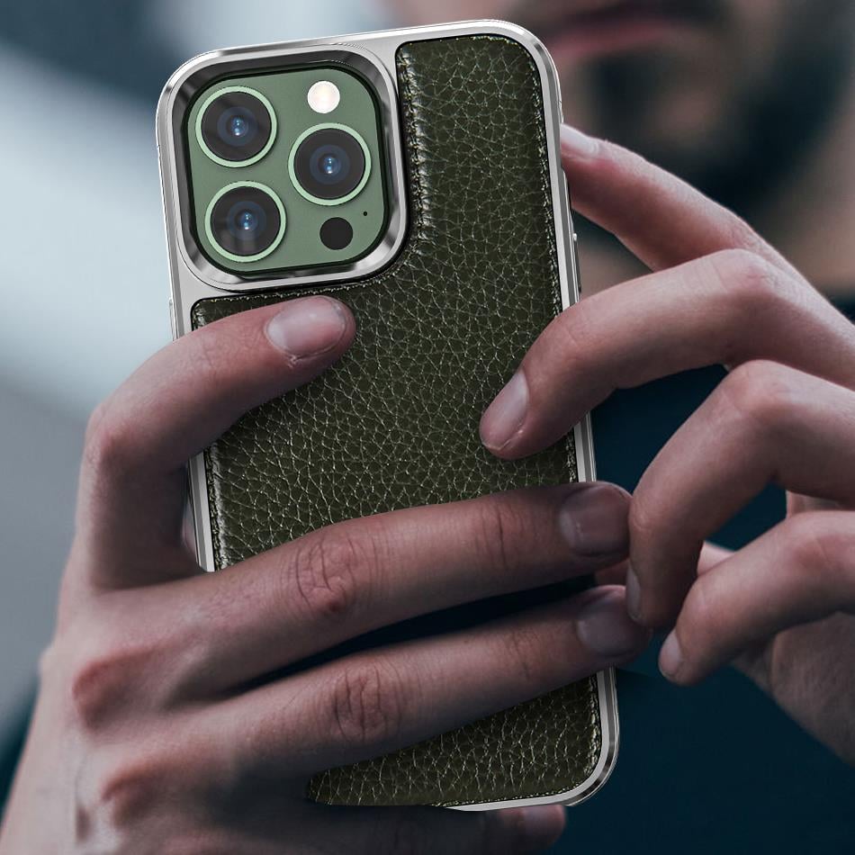 Apple iPhone 13 Pro Max Kılıf Wiwu Genuine Leather Silver Calfskin Orjinal Deri Kapak
