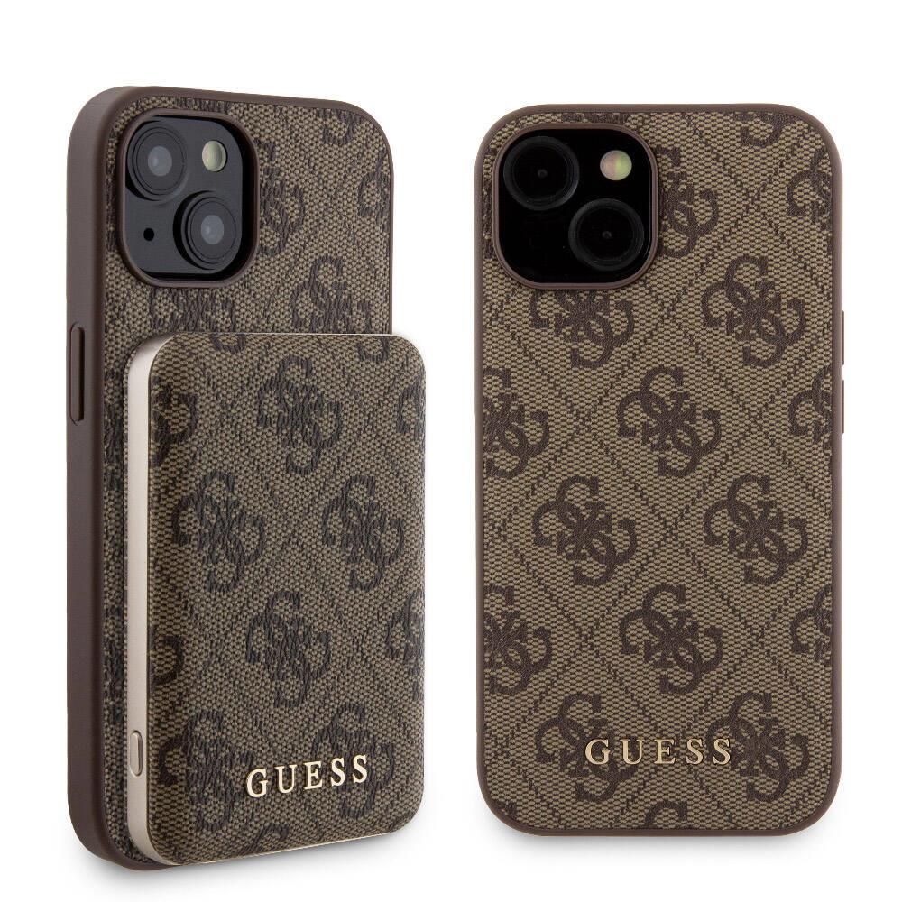 Apple iPhone 14 Kılıf Guess Orjinal Lisanslı Magsafe Şarj Özellikli Yazı Logolu 4G Desenli Kapak + Powerbank 5000mAh 2in1 Set