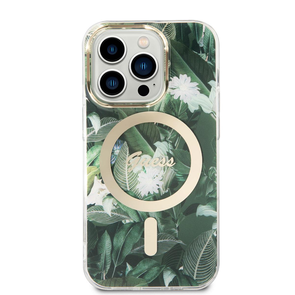 Apple iPhone 14 Pro Kılıf GUESS Magsafe Şarj Özellikli Yaprak Desenli Magsafe Şarj Kablolu Kapak