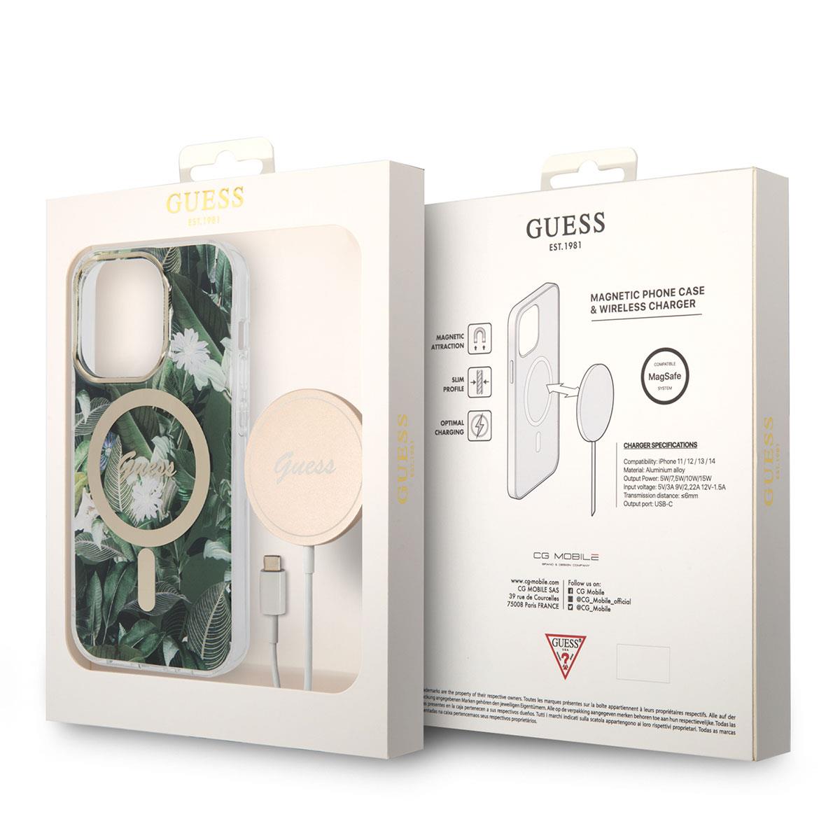 Apple iPhone 14 Pro Kılıf GUESS Magsafe Şarj Özellikli Yaprak Desenli Magsafe Şarj Kablolu Kapak