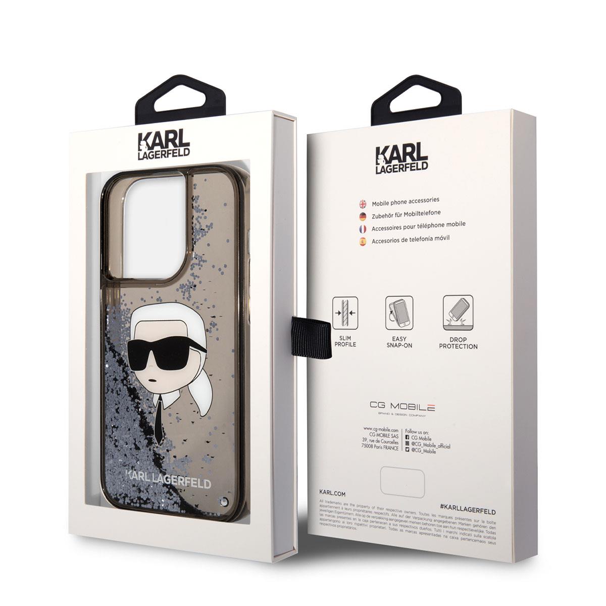 Apple iPhone 14 Pro Kılıf Karl Lagerfeld Sıvılı Simli Karl Head Dizayn Kapak