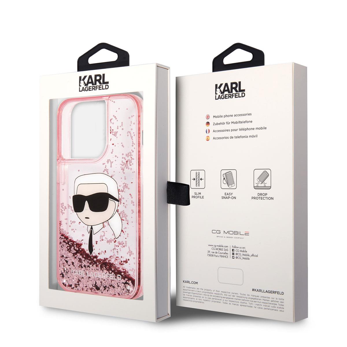 Apple iPhone 14 Pro Kılıf Karl Lagerfeld Sıvılı Simli Karl Head Dizayn Kapak